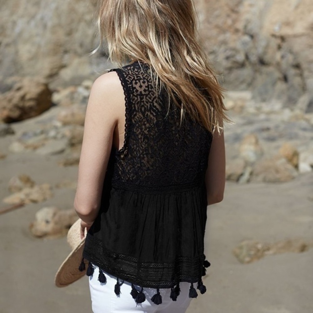 JOIE Black Owen Embroidered Tassel Top Sheer S